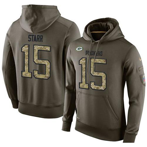 NFL Men's Nike Green Bay Packers #15 Bart Starr Stitched Green Olive Salute To Service KO Performance Hoodie